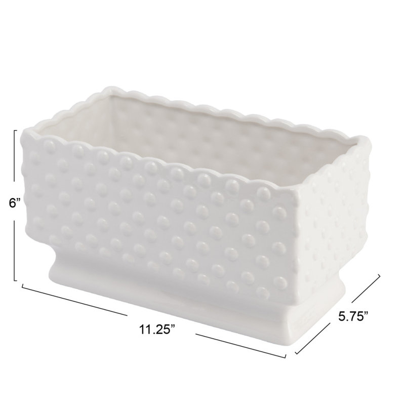 White Ceramic Hobnail Rectangle Planter with Scalloped Edge