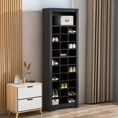 Contemporary Black Shoe Cubby Console With Stylish Design, Multiple Storage Capacity Shoe Cabinet, Free Standing Tall Cabinet For On-Trend Use In Hall -  Latitude Run®, 21BF01C1BAD9494D866F3E93957154FC