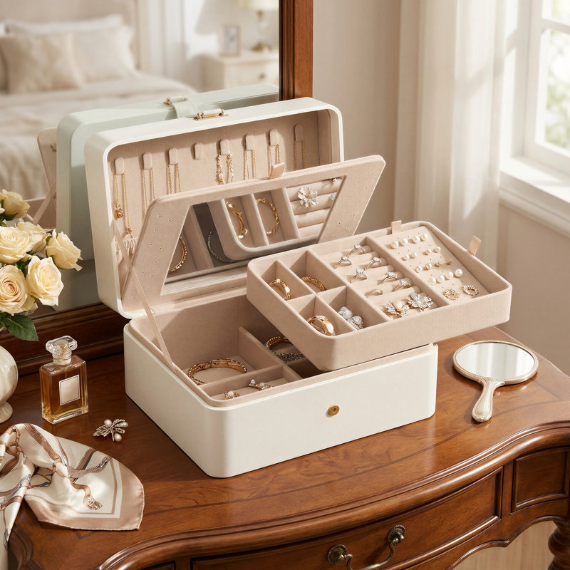 Jewellery Storage Case, 2-Layer Organiser With Mirror And Removable Tray, Gift For , Earring Necklace Holder