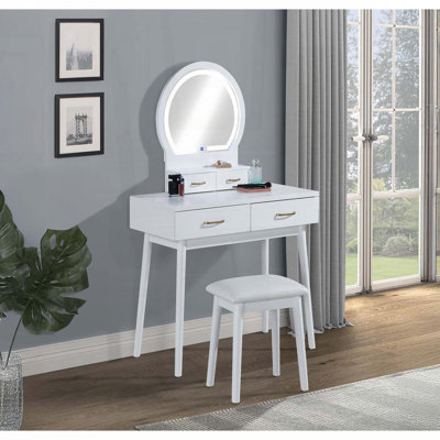 3-Piece Vanity Set with LED Mirror, Gold Handles & Stool (White)