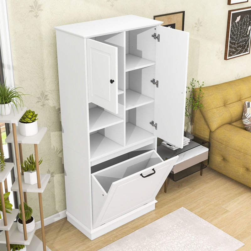 Armoire de rangement haute en bois avec panier rabattable, tablettes réglables et armoires fermées, Blanc