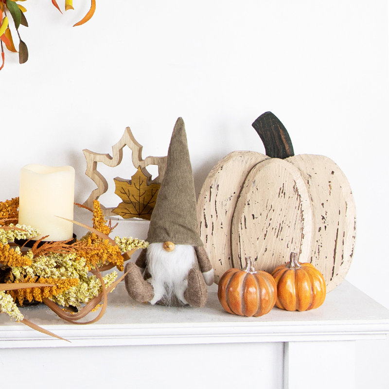 Small White Wooden Fall Harvest Pumpkin Figurine with Green Stem