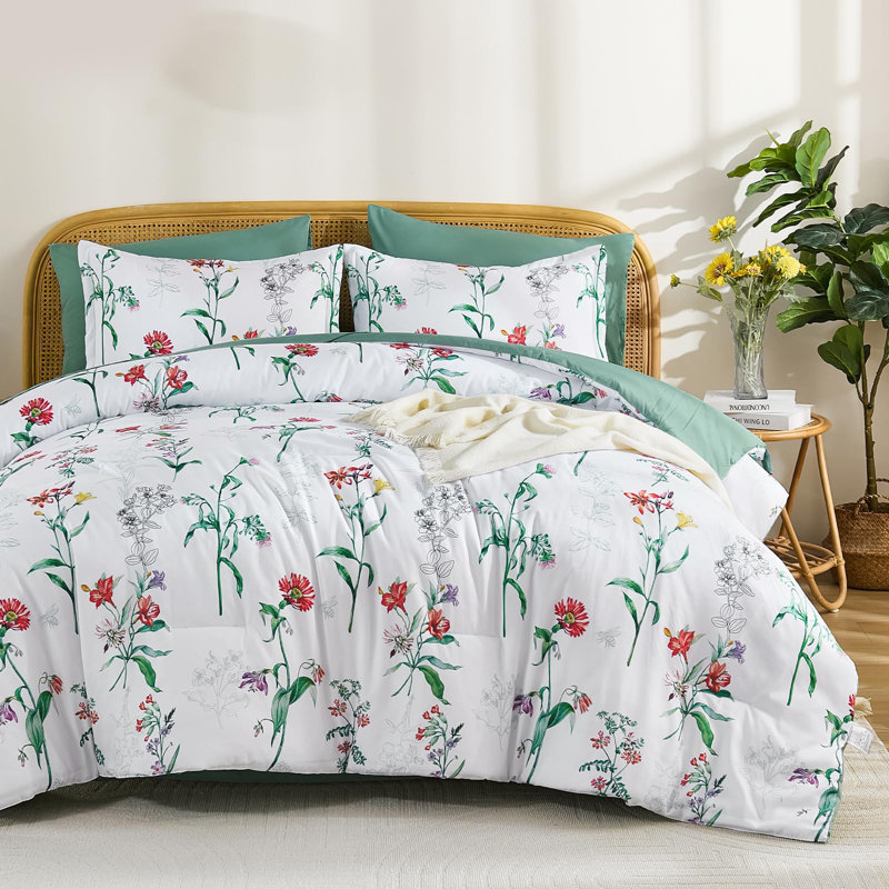 7 Pieces Floral Botanical Reversible Comforter Set, White/Blue Floral, King Comforter + 6 Additional Pieces
