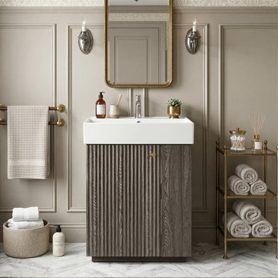 21.6-Inch Small Space Bathroom Vanity With Sink, Modern Wood Grain Cabinet With Storage Shelves, 4 Variants In Natural/Dark Gray