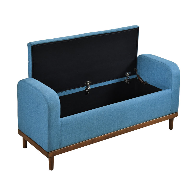 Banc de chambre bleu Mid-Century moderne, structure en bois de noyer massif, espace de rangement sur le dessus, banc d'une capacité de 300 lb pour la chambre à coucher, finition, conception, support de poids