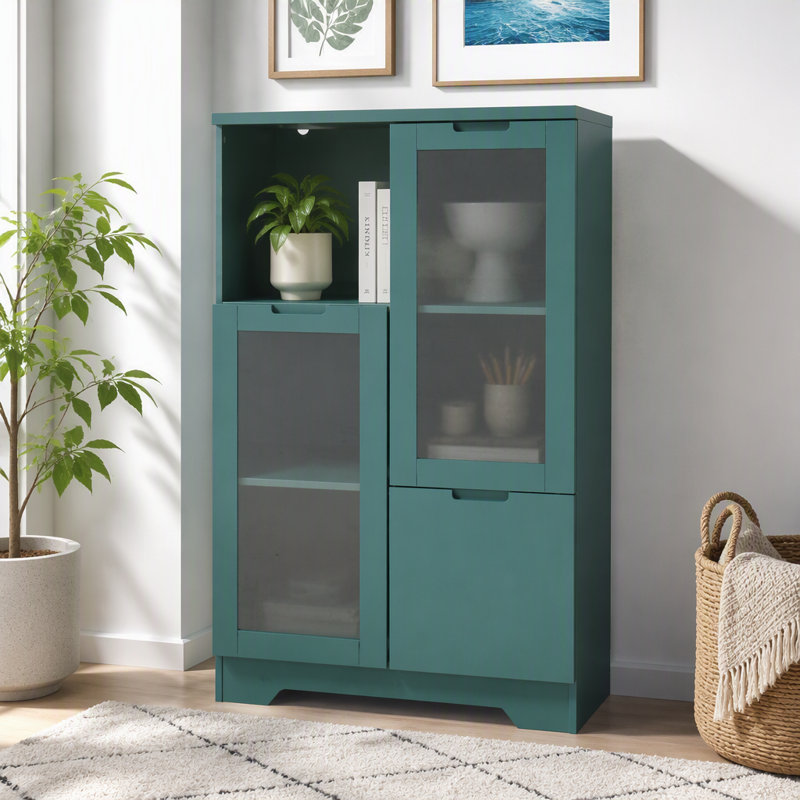 Armoire peinte en panneau de fibres à densité moyenne avec portes en verre et rangement ouvert, Green