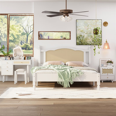 3 Pieces Bedroom Set With Queen Size Wooden Bed Frame, 1 Vintage  Nightstand And 1 Makeup Vanity Set With Stool