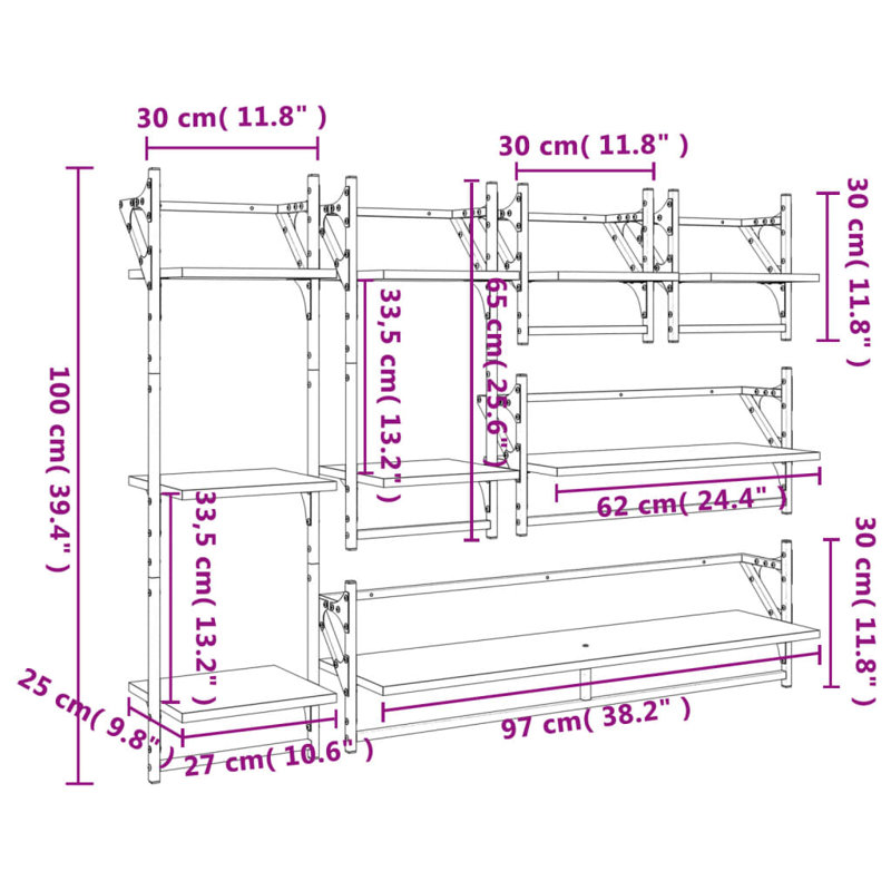 Dimick 6 Piece Wall Shelf Set with Bars Engineered Wood, Grey Sonoma
