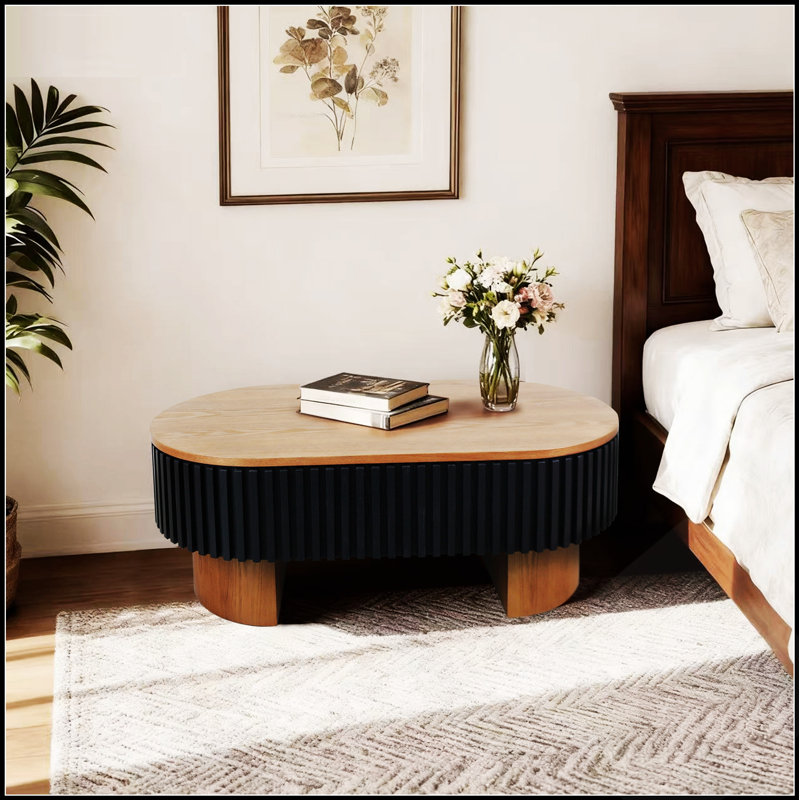 Table basse ovale de 111 cm avec rangement dissimulé, design moderne et minimaliste cannelé pour le salon, pièce maîtresse élégante