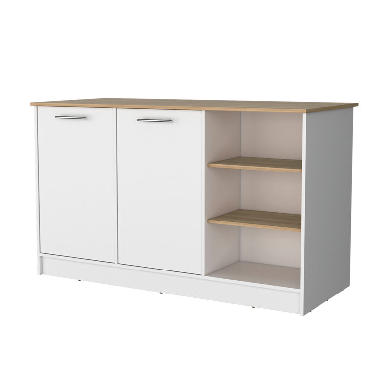 White and Ash 2-Door Kitchen Island with 3 Open Shelves, White