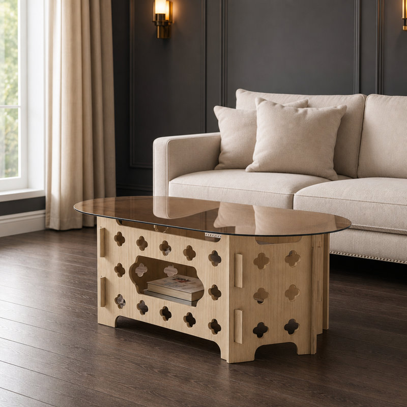 Table basse ovale multifonctionnelle avec nid caché pour animal de compagnie, plateau en verre trempé et base en bois massif sculpté