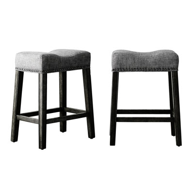 Of 2 Gray 24" Backless Saddle Seat Counter Stools. Crafted With Wood And Weathered Grain Finish. Grey Upholstery. Contemporary Design. 18"w X 13"d 25"h. For Residential Use. Assembly Required Stools,