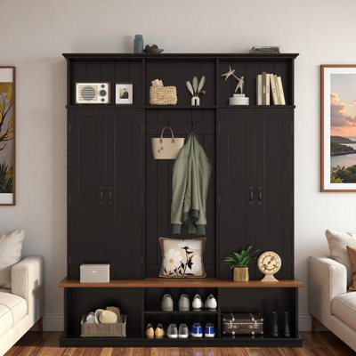 Hall Tree With Bench, Top Cubbies, Bottom Storage Space, Cabinets And Hooks