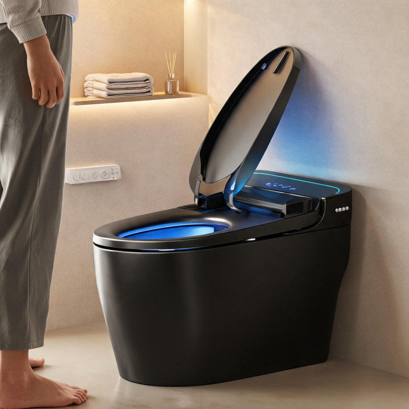 One Piece Smart Bidet Toilet in Black with Automatic Opening and Closing Seat, Warm Water Wash and Built In Dryer