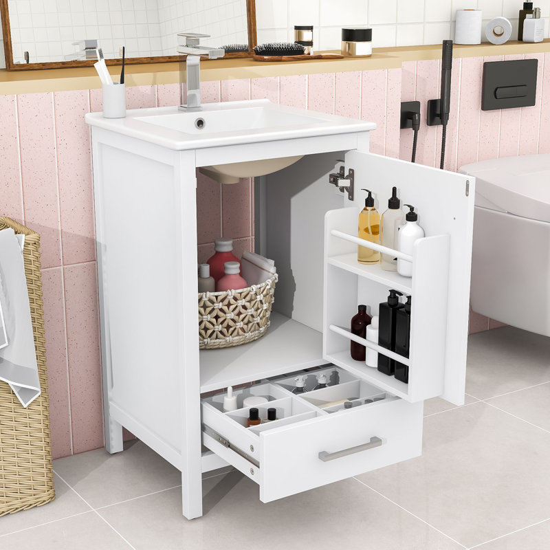 Meuble-lavabo compact compact avec lavabo en céramique, tiroir et organisateur double couche, Blanc