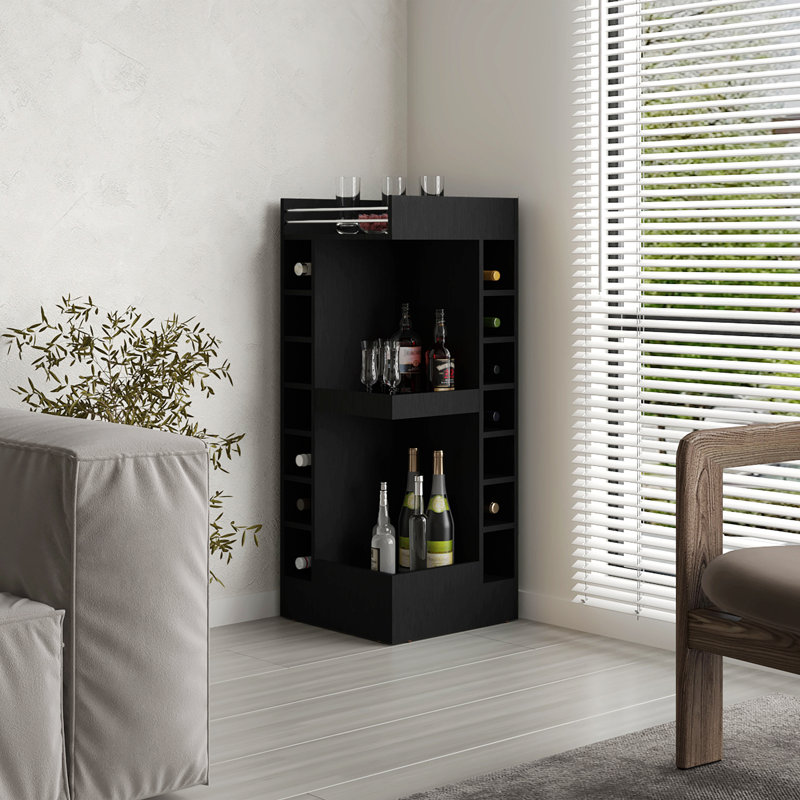 Armoire de bar d'angle à 3 niveaux avec quatorze casiers à bouteilles de vin, Noir, noir, noir, noir