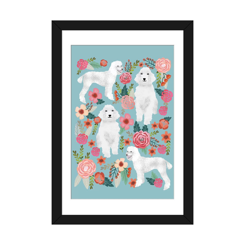 « caniche floral collage », impression sur toile tendue, H 24 po x l 16 po x P 1 po, Papier d'art encadré noir, Blanc