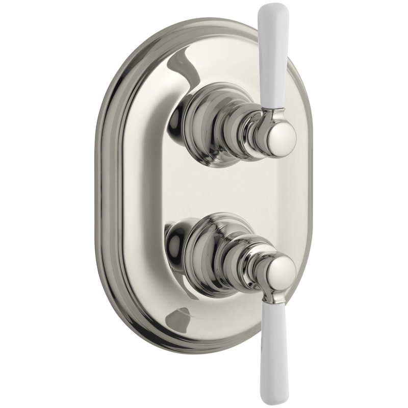 Bancroft Stacked Valve Trim with White Ceramic Lever Handles, Requires Valve, Vibrant Polished Nickel