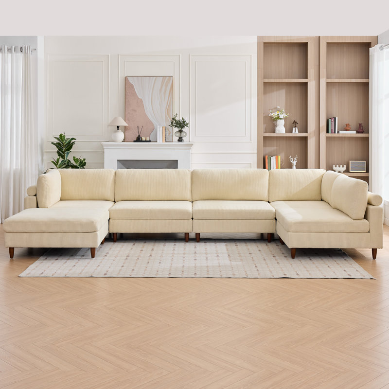 133" Corduroy Modular Sectional Sofa With Deep Seats And Wooden Legs For Living Room, Beige
