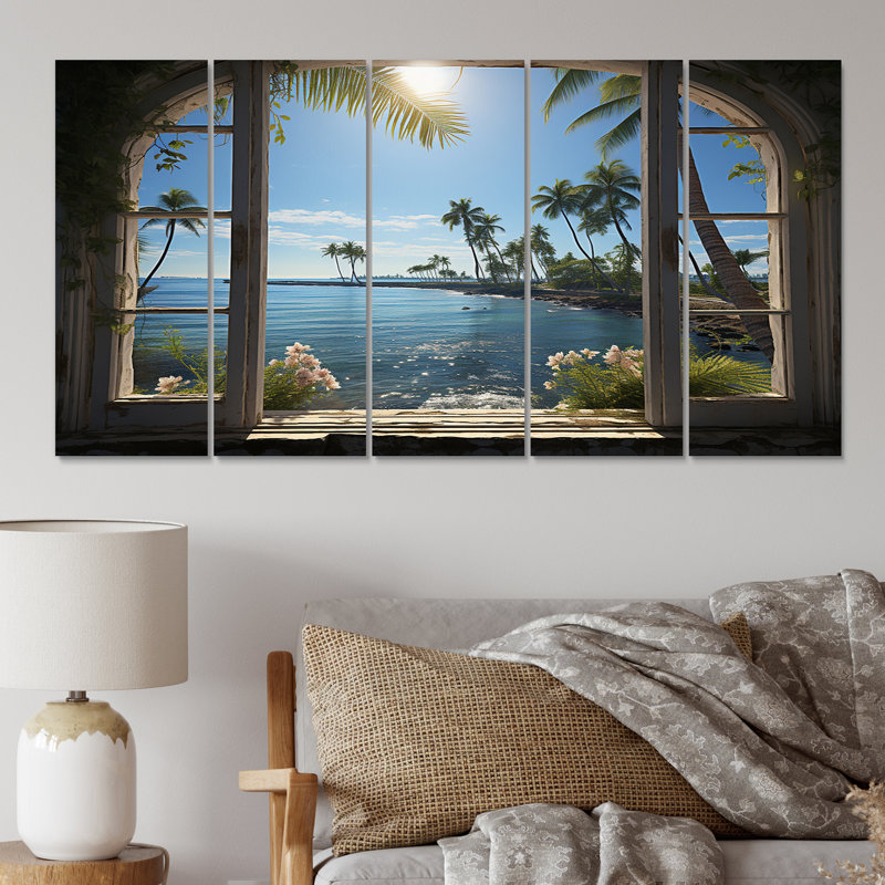 Océan tropical coucher de soleil à travers une fenêtre blanche ouverte II - art mural toile côtière - 5 panneaux égaux