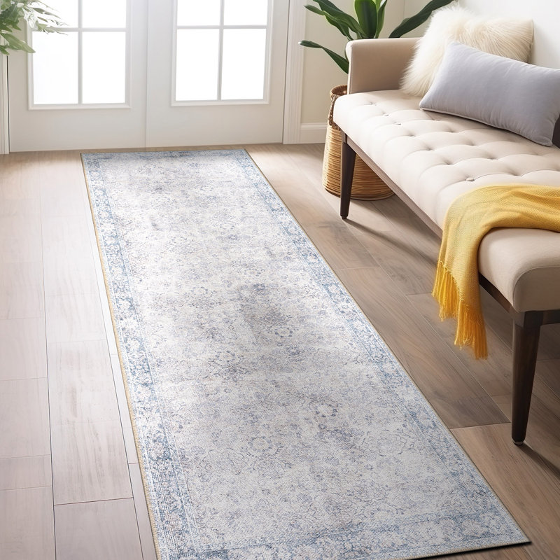 Transitional Bordered Vintage Machine Washable Non Slip Area Rug, Runner 2'6" x 10'