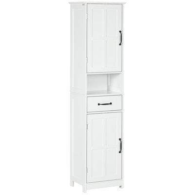 Slim Bathroom Storage Cabinet, Tall Bathroom Cabinet, Linen Tower With Open Shelf, Drawer, Recessed Doors, And Adjustable Shelves, White