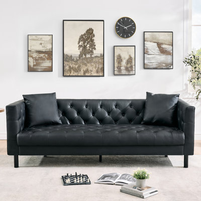 Canapé Mid-Century moderne de 81 pouces - Canapé 3 places en similicuir avec dossier capitonné, siège profond, canapé rembourré pour salon, appartement ou bureau, noir