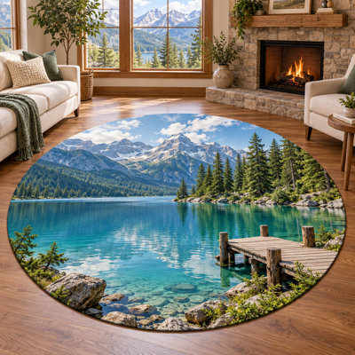 "Ultra Thin" 6' x 6' Dockside Alpine Lake Round Area Rug for Living Room, Bedroom and Home Office, Soft Low Pile Indoor Carpet with Non-Slip Silicone Backing