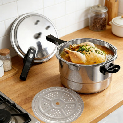 7.39QT Stovetop Aluminum Stock Pot with Steamer Rack, Large Capacity Soup Pot for Gas Stove, Home Kitchen Cookware for Soups, Stews & Boiling for 4‑8 People