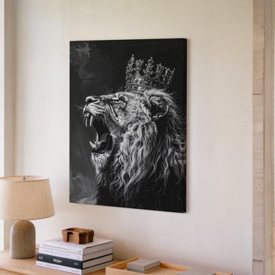 A Powerful Black And White Illustration Of A Roaring Lion Wearing A Majestic Crown The Canvas Wall Art Premium Quality Ready To Hang