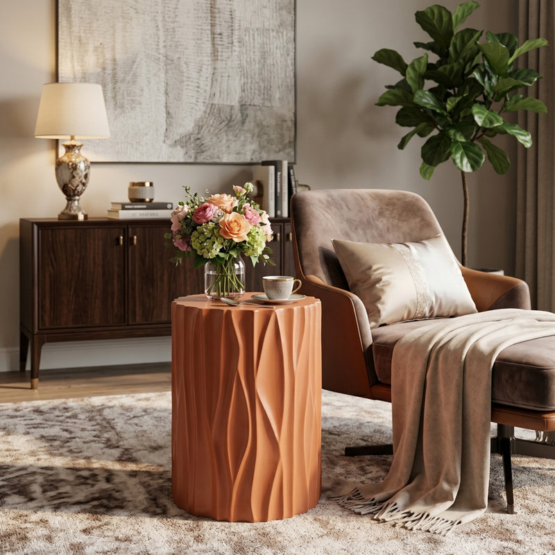 Table d'appoint cylindrique texturée Terracotta Wave, Terra Cotta