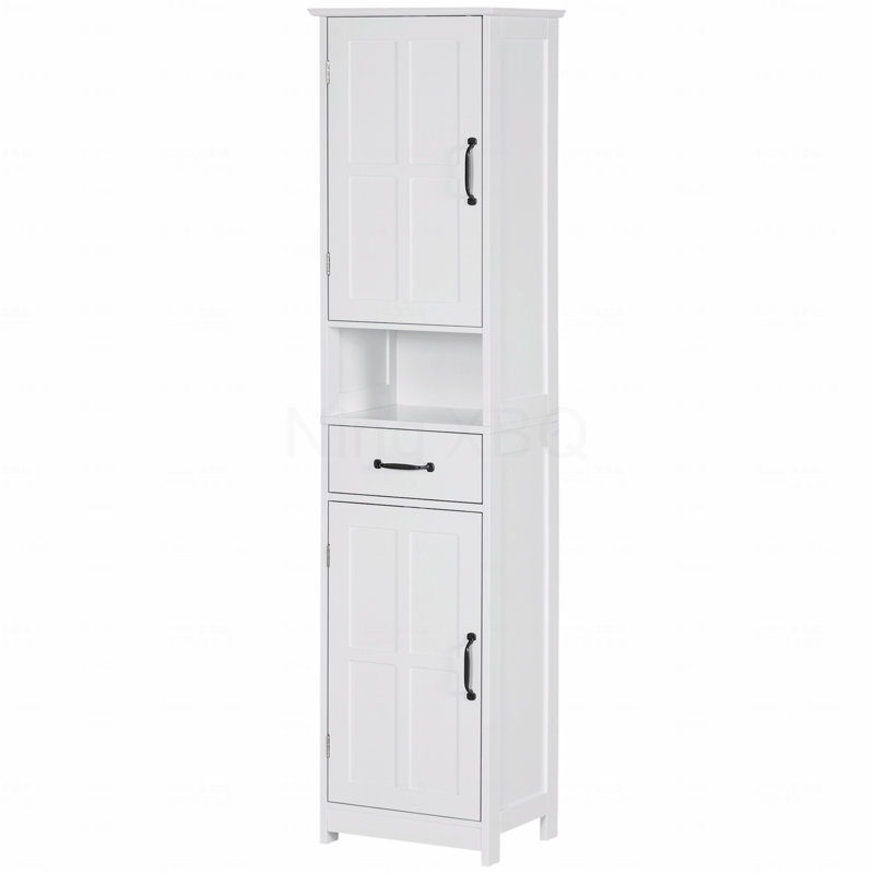 Armoire de rangement mince, armoire de salle de bain haute, tour à linge avec tablette ouverte, tiroir, portes encastrées et tablettes réglables, blanc