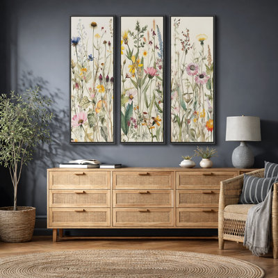 Vibrant Wildflower " Colorful Boho French Floral Decor " Large Framed Canvas Print 3 Pieces Wall Art