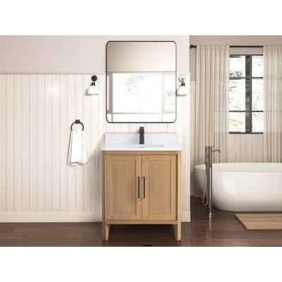 Meuble-lavabo autoportant Tennant Brand de 76 cm (30 pouces), style moderne du milieu du siècle, couleur chêne brun chaud, lavabo simple, comptoir en quartz blanc, entièrement assemblé.