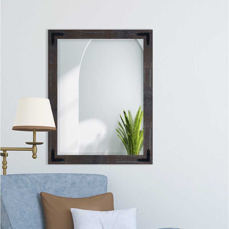 Heavner Solid Wood Flat Wall Mirror, 32.5" H x 26.5" W, Industrial Steel Brass
