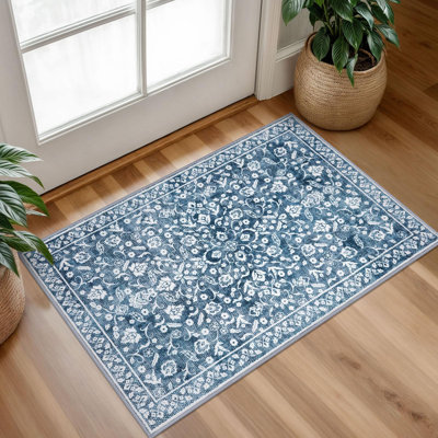 Vintage Entryway Rug 2X3, Blue And White Washable Accent Rug, Non-Slip Small Area Carpet, Floral Print Faux Wool Soft Door Mat For Indoor Entrance, Front Door, Kitchen, Bedside