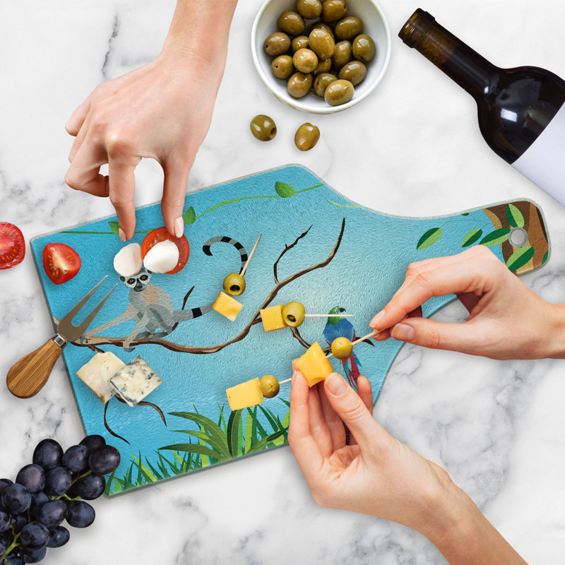 Ambesonne Lemur Tempered Glass Cutting Board Tropical Botanical Parrot Umber Forest Green