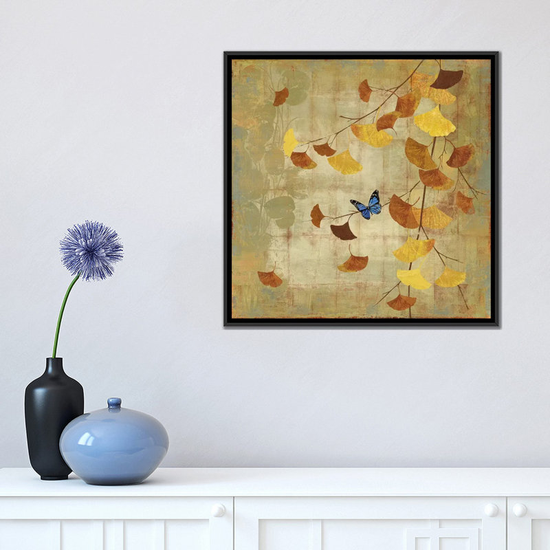 « ginkgo branch ii », reproduction d’impression sur toile, H 18 po x l 18 po x P 1,5 po, Toile avec cadre noir, Pas de tapis