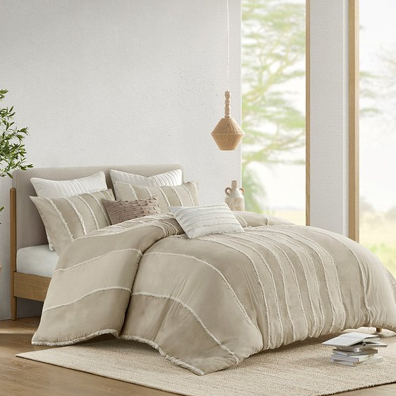 Housse de couette 100% coton très grand / très grand avec motif rayé et attaches intérieures 3 pièces taies décoratives contrastantes