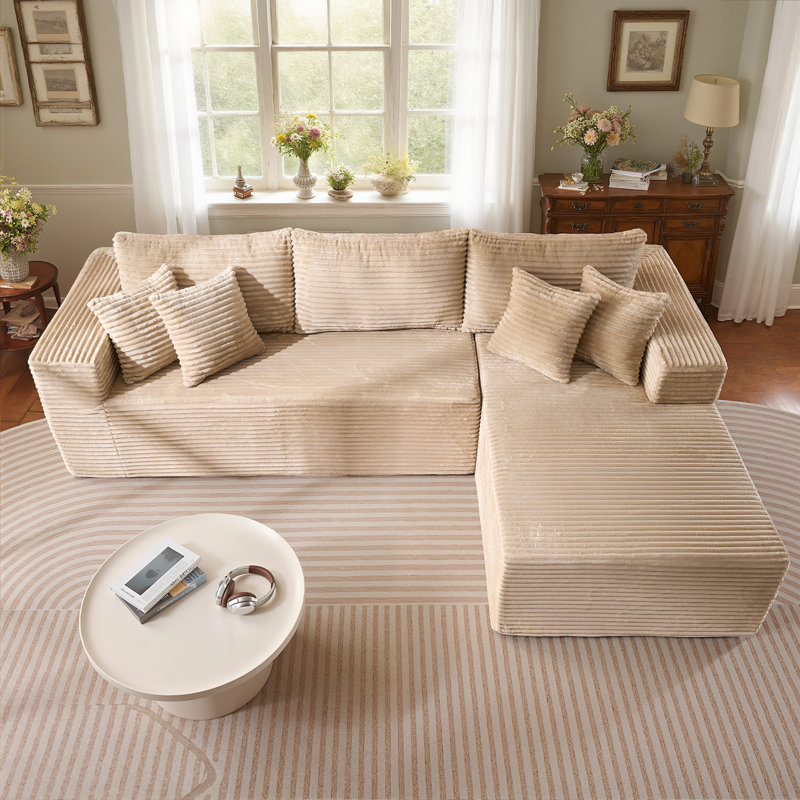 Canapé modulaire rembourré désossé 2 pièces sans assemblage par compression, Velours côtelé beige, Orienté à droite