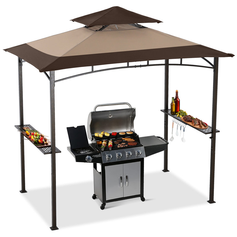 8' W x 5' D Double-Tiered Grill Gazebo with LED Lights, Khaki Brown Bi-Color