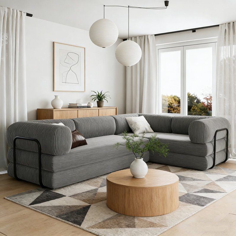 Canapé-lit modulaire en L en velours côtelé - Confortable et polyvalent, Gris