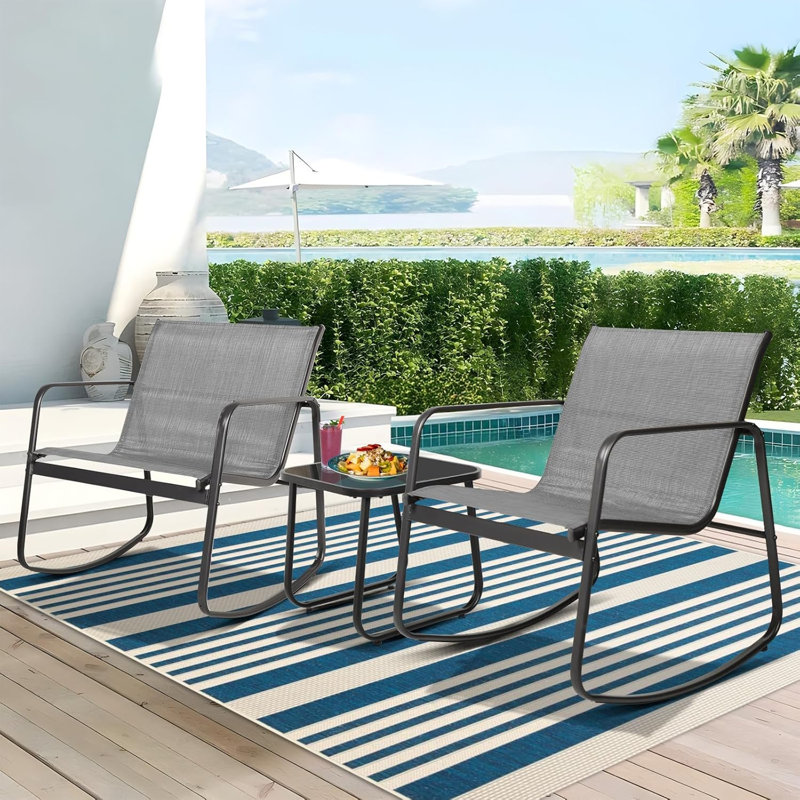 Tandeka 2 - Person Outdoor Seating Group with Rocking Chairs and Glass Coffee Table, Gray
