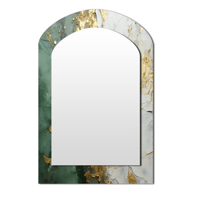 Gold And Green Paint Fusion - Abstract Painting Asymmetrical Mirror, Beige Arch Decorative Wall Mirror, Printed Metal Art