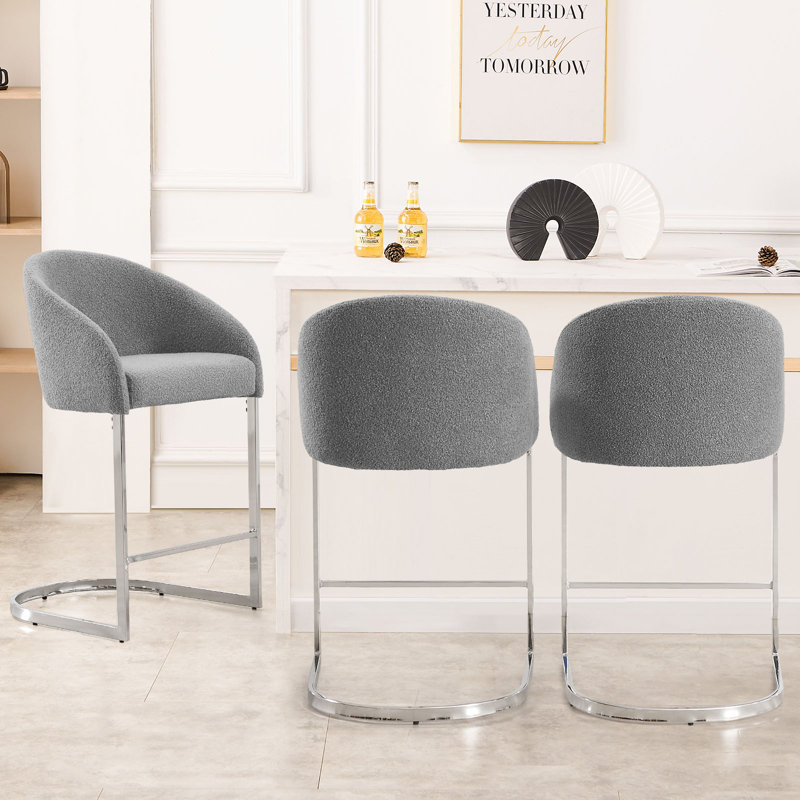 Gray Boucle Upholstered Counter Stools with Chrome Frame, Set of 4