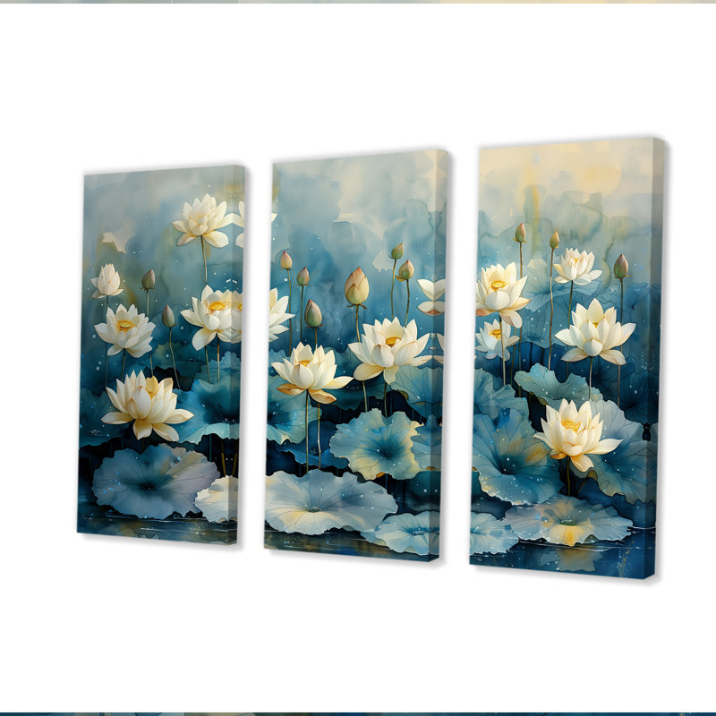 «White Blue Lotus Pond Reflections», ensemble d'art mural lotus, H 28 po x l 36 po x P 1 po