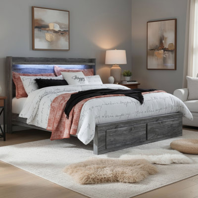 Bays King Size Storage Bed With 2 Drawers, Driftwood Smoke Gray, LED