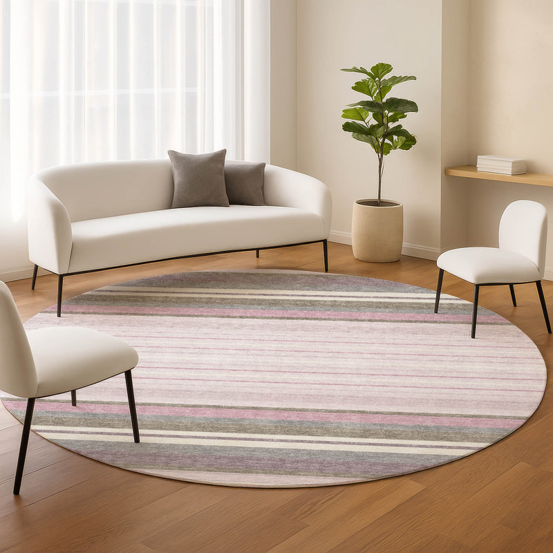 Machine Washable Indoor/Outdoor Drennen ACN2330 Stripes Rug, Round 8'