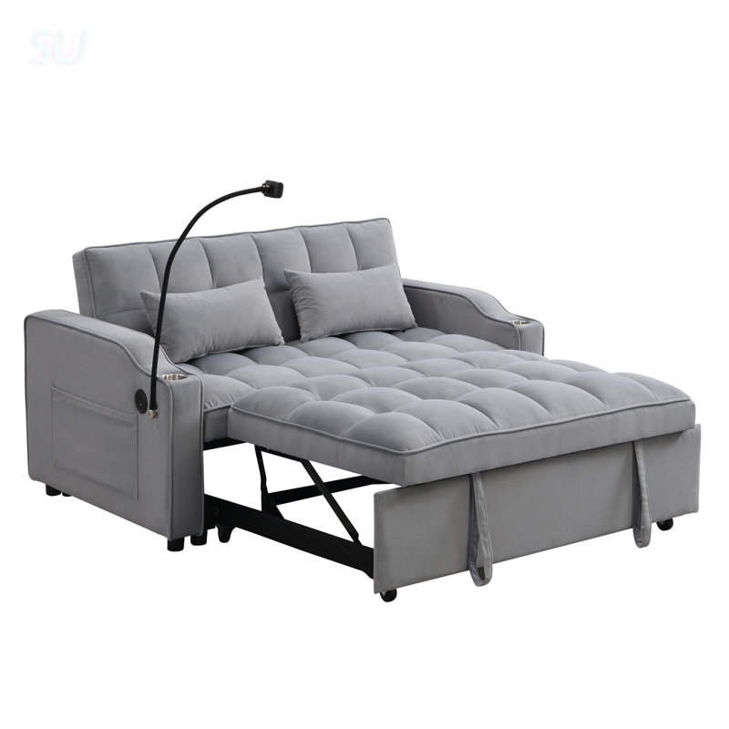 Canapé-lit futon moderne en velours avec lit gigogne, dossier inclinable réglable et coussins décoratifs pour les petits espaces