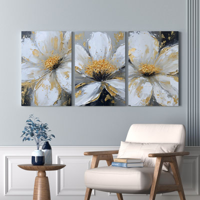 Ensemble de 3 toiles à motif floral blanc et doré